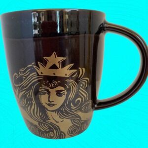 2012 Starbucks Anniversary Mug Brown & Gold Siren Mermaid w/ Star Crown